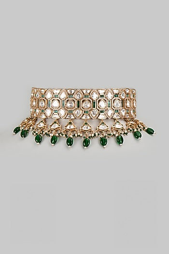 Gold Finish Kundan Polki & Green Stone Choker Necklace