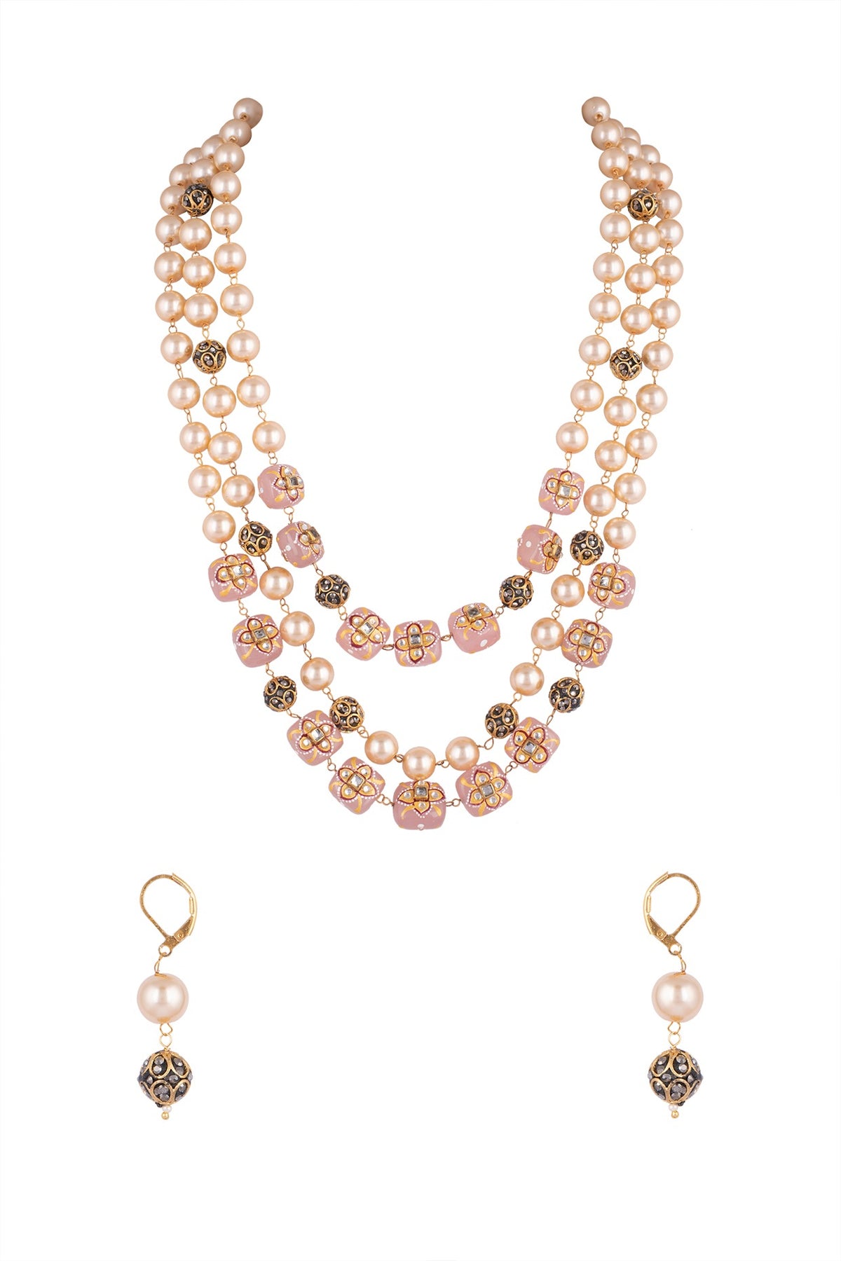 Gold Finish Faux Pearl & Pink Stone Necklace Set