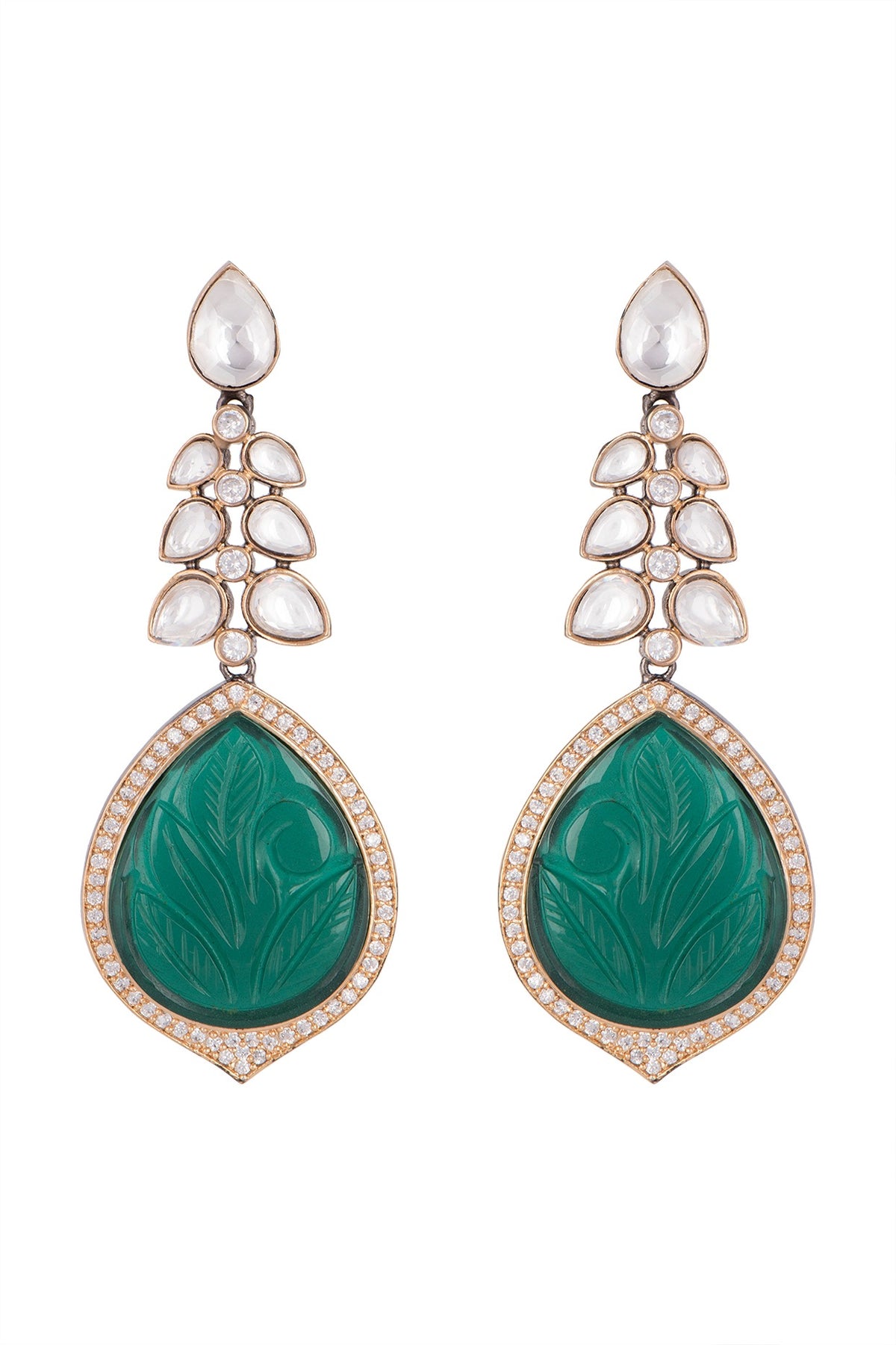 Black Rhodium Finish Kundan Polki & Green Stone Earrings