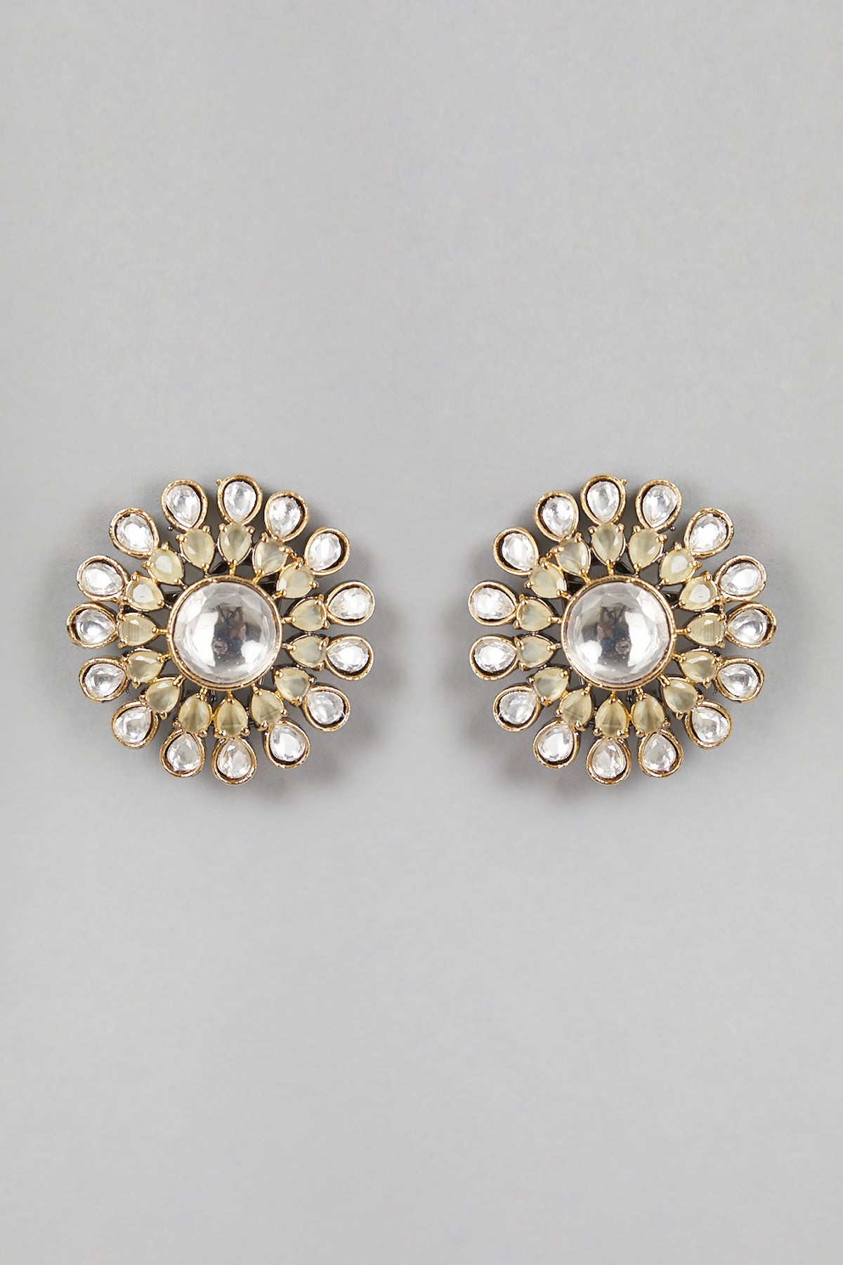 Gold Finish Kundan Polki & Mint Green Stone Stud Earrings