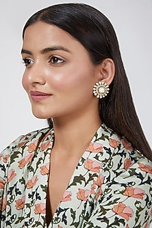 Gold Finish Kundan Polki & Mint Green Stone Stud Earrings