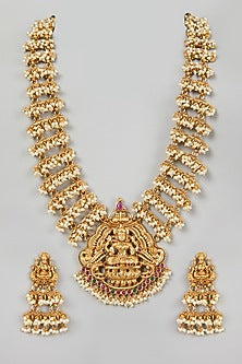 Gold Finish Motif & Pearl Temple Mala Set