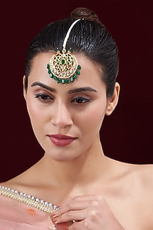 Gold Finish Kundan Polki & Pearl Maang Tikka