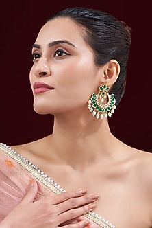 Gold Finish Kundan Polki & Emerald Synthetic Stone Chandbali Earrings