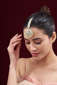 Gold Finish Kundan Polki & Pearl Maangtikka