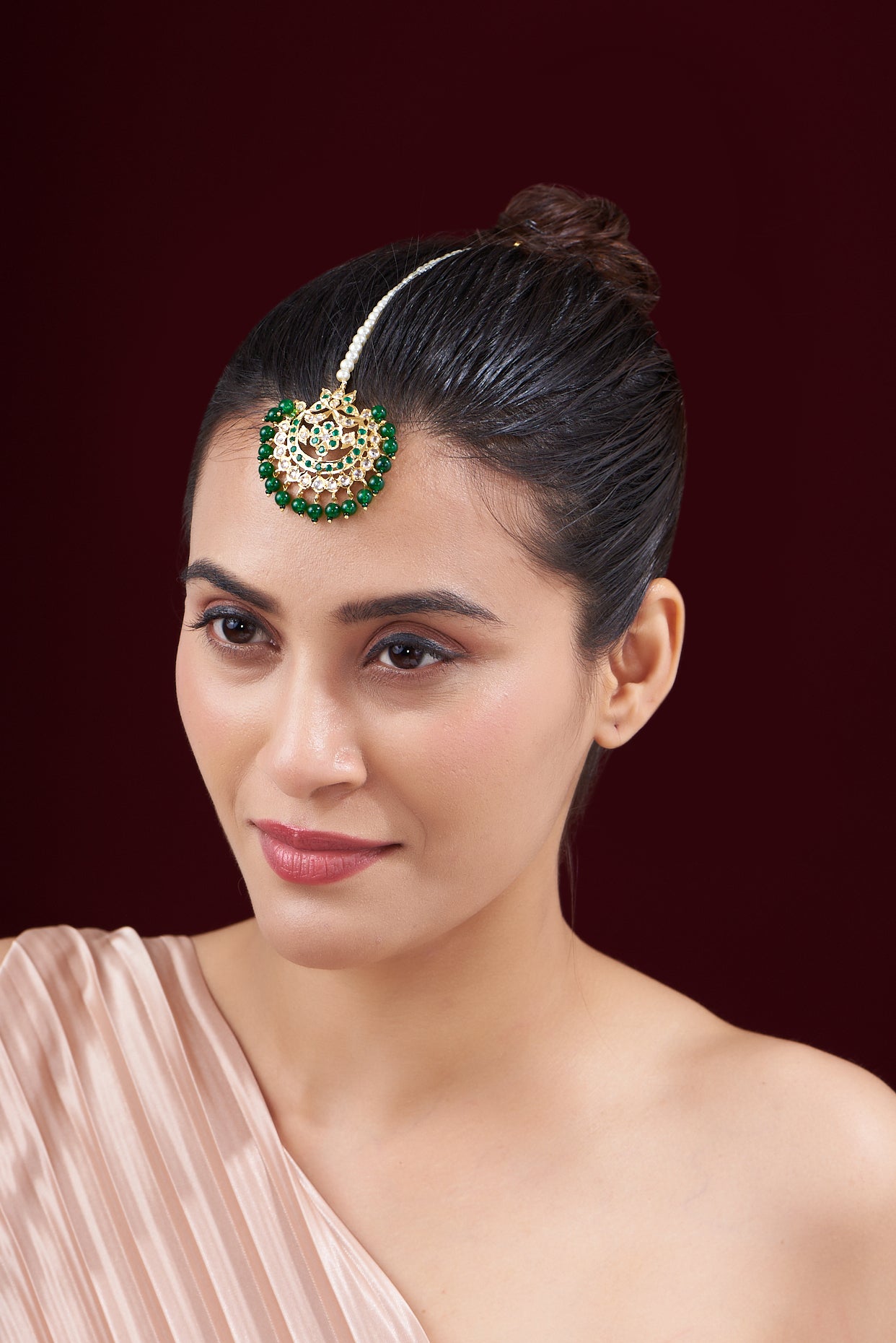 Gold Finish Kundan Polki & Emerald Synthetic Stone Maangtikka
