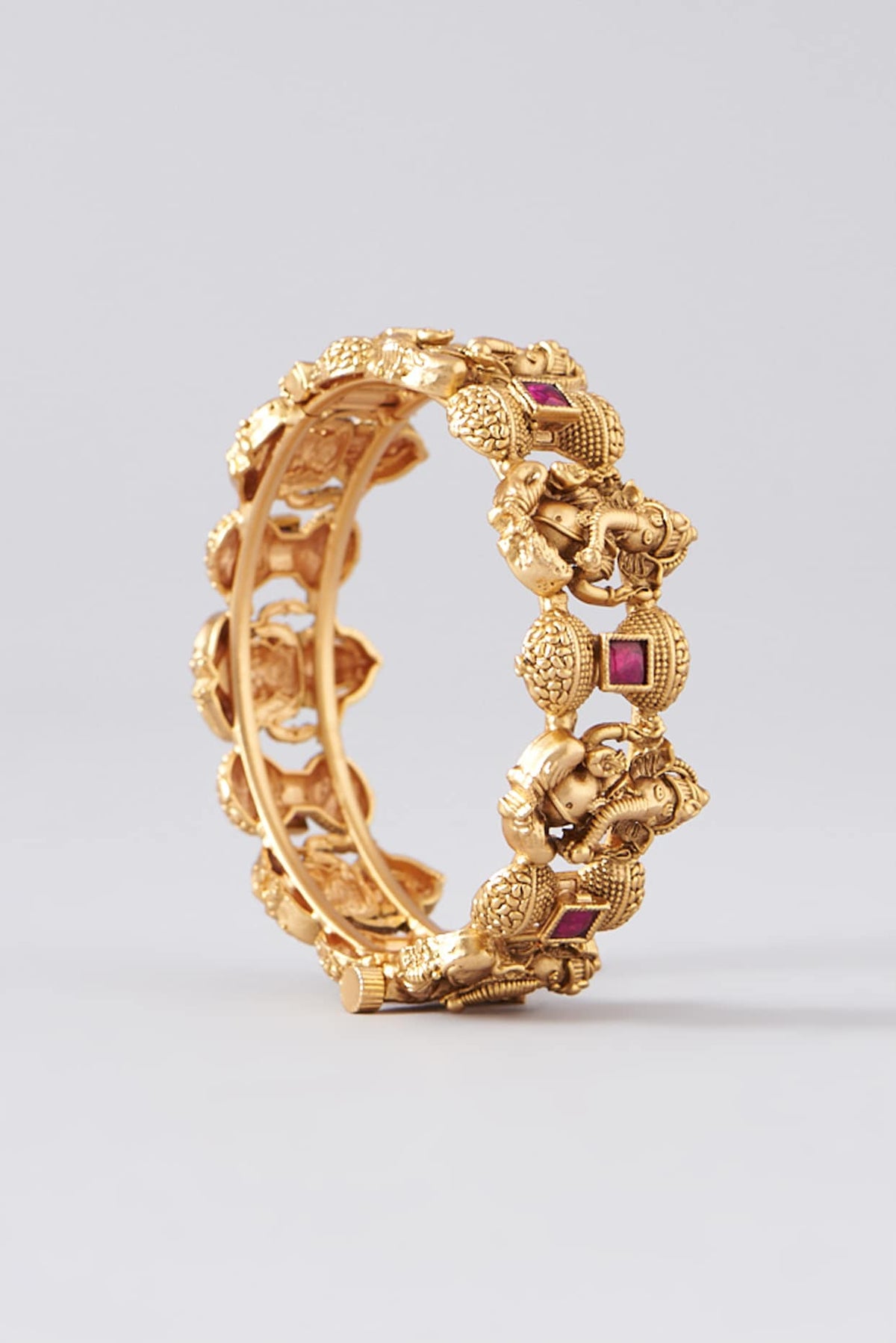 Gold Finish Red Stone Temple Bangles (Set of 2)