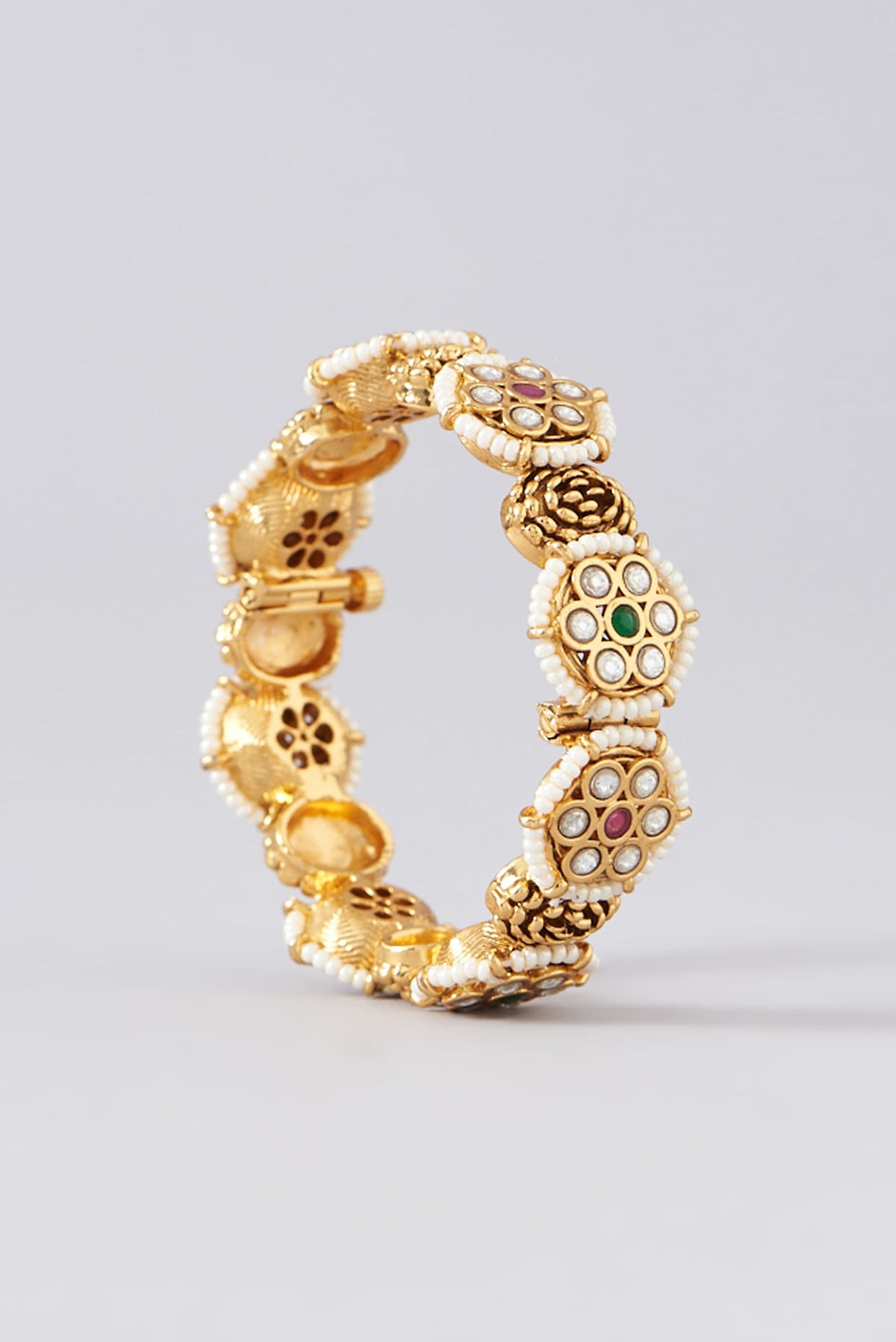 Gold Finish Kundan Polki & Red Stone Bangles (Set of 2)