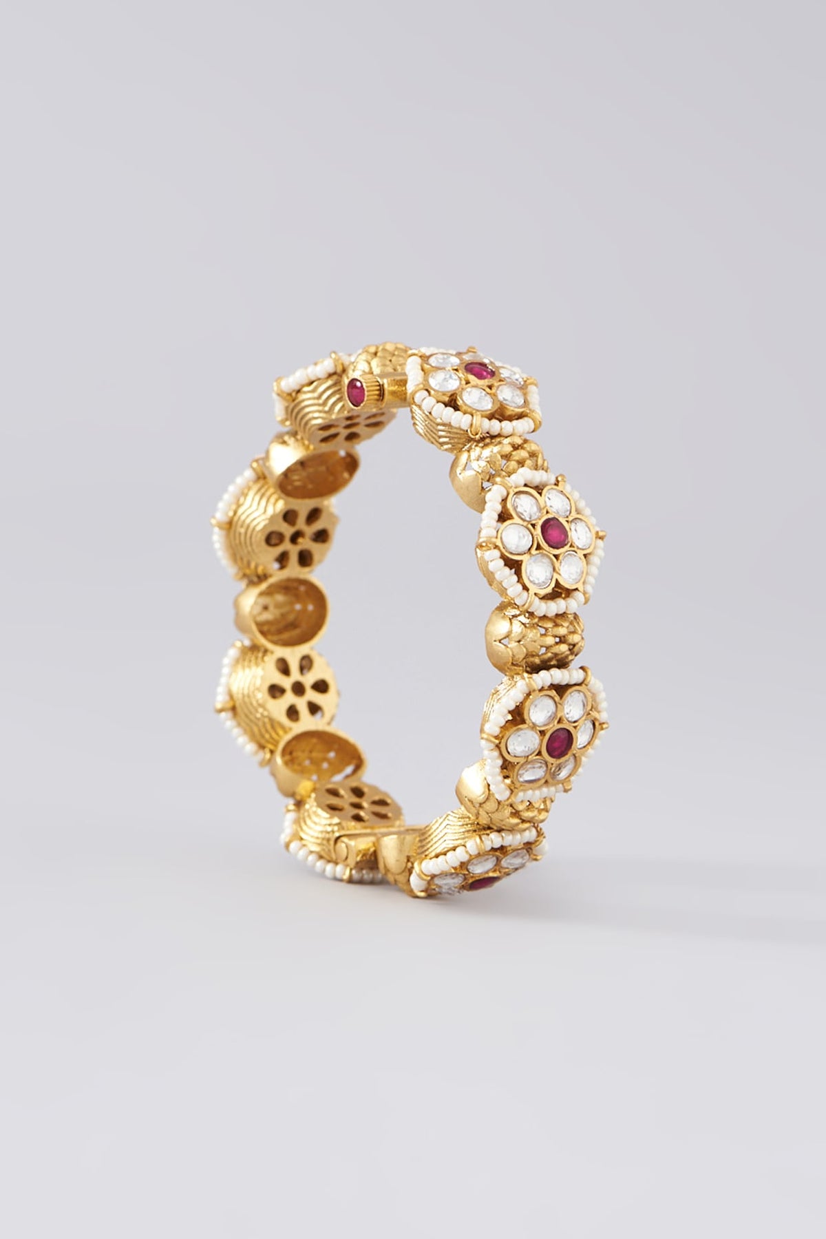 Gold Finish Kundan Polki & Red Synthetic Stone Bangles (Set Of 2)