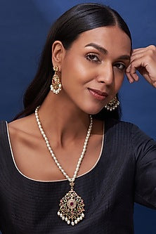 Gold Finish Multi-Colored Stone Long Necklace Set