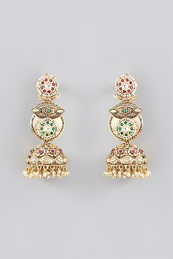 Gold Finish Kundan Polki & Pearl Jhumka Earrings