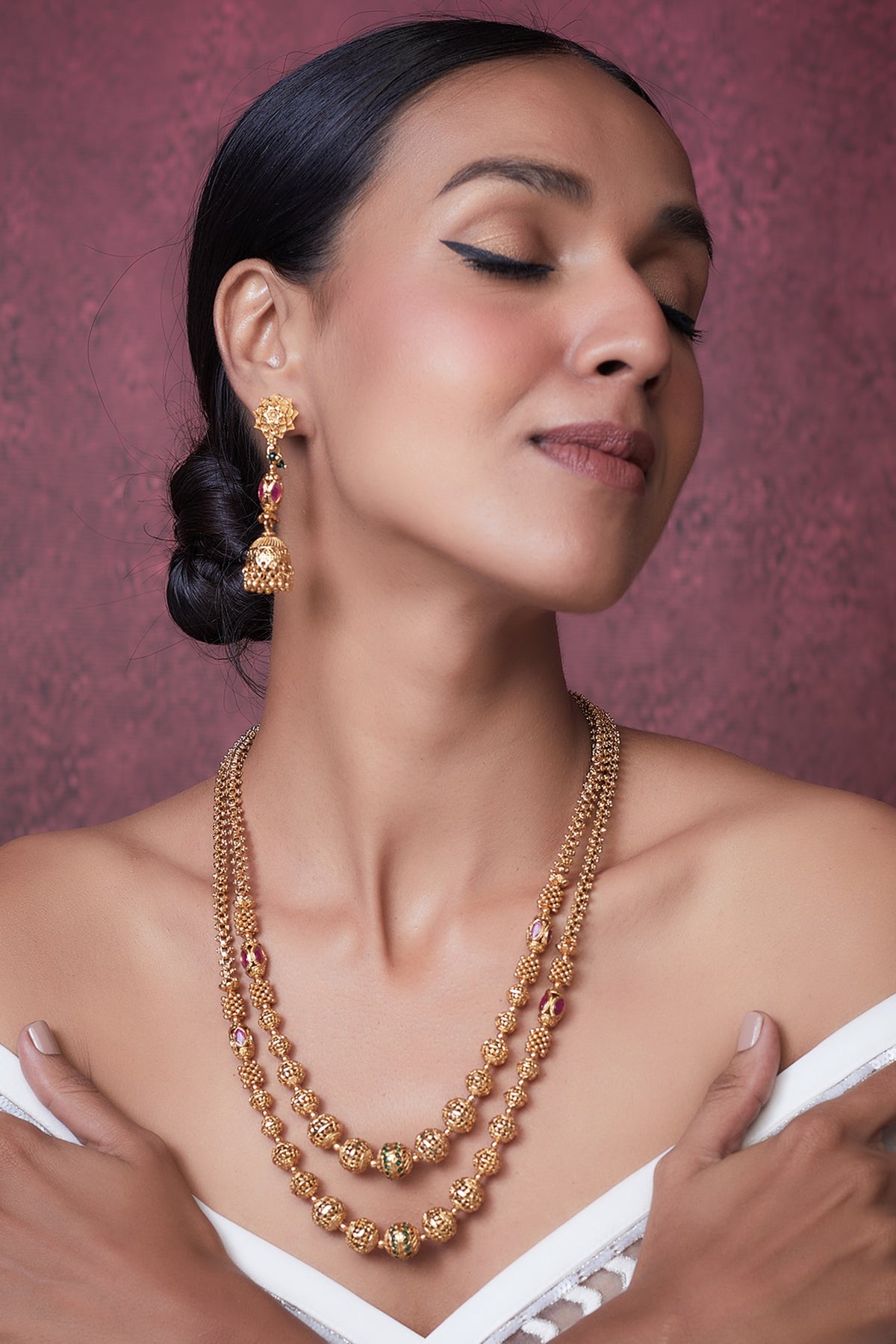 Gold Finish Kundan Polki Temple Mala Necklace Set