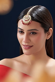 Gold Finish Kundan Polki & Ruby Maang Tikka
