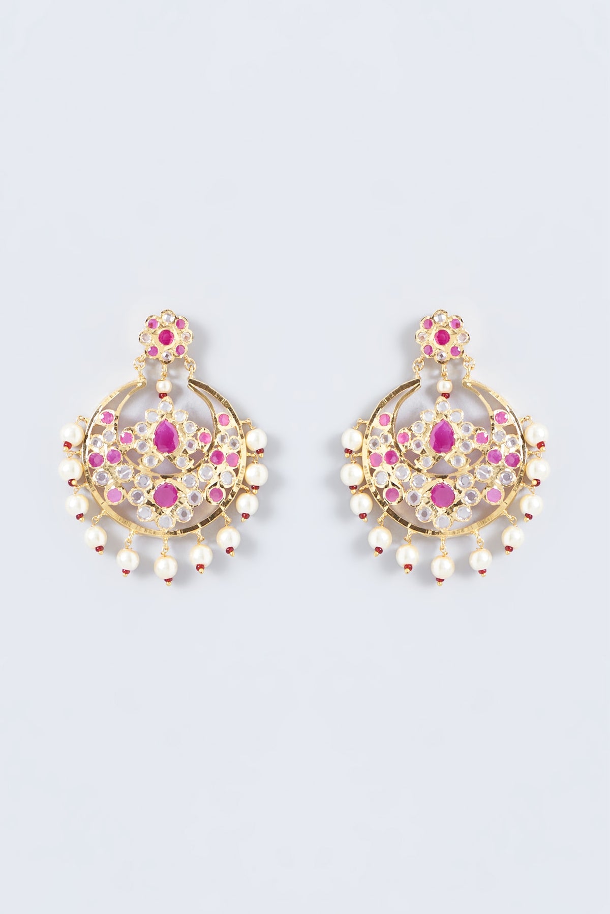 Gold Finish Kundan Polki & Ruby Chandbali Earrings
