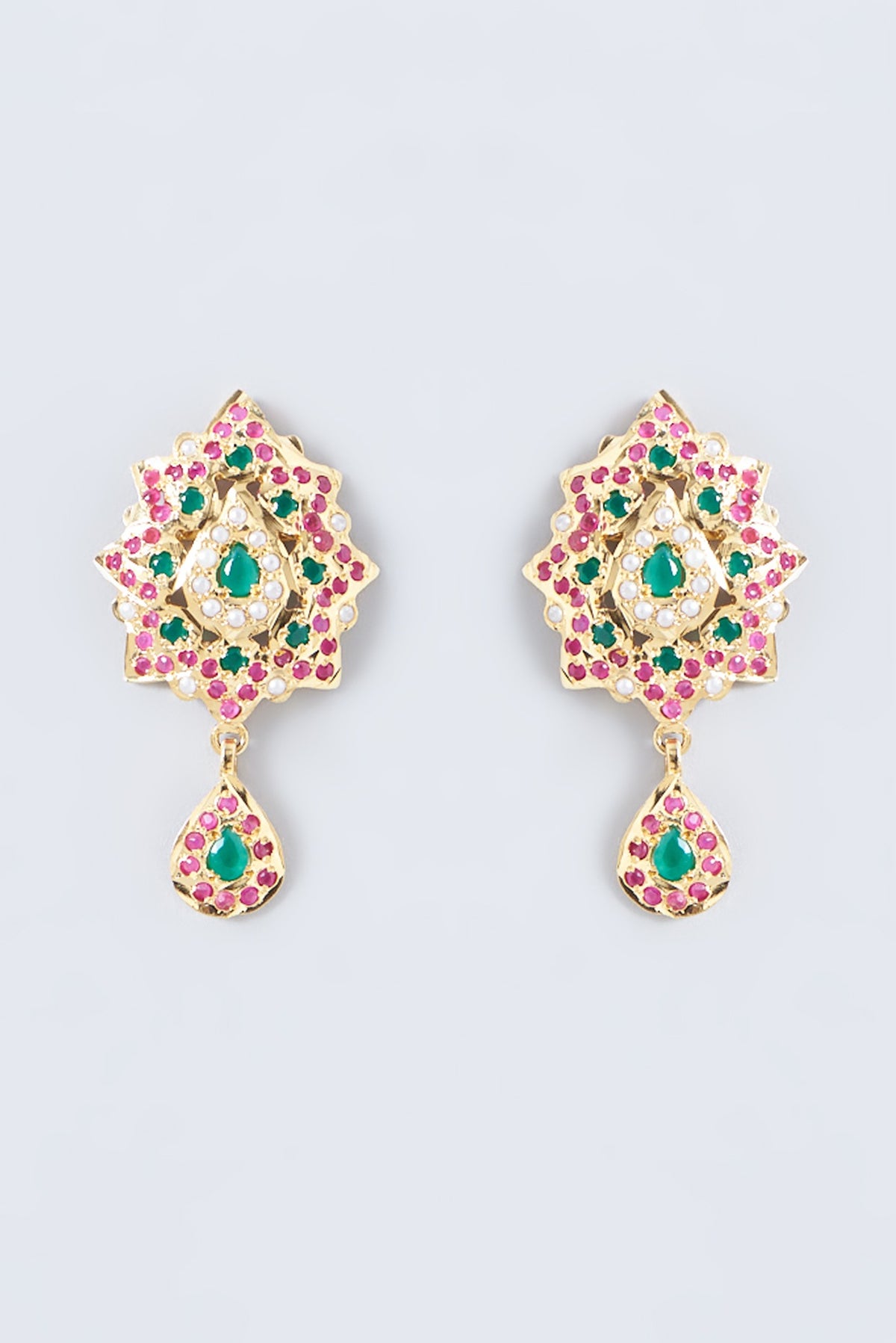 Gold Finish Kundan Polki & Multi-Colored Stone Stud Earrings