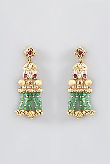 Gold Finish Kundan Polki & Green Beaded Long Necklace Set
