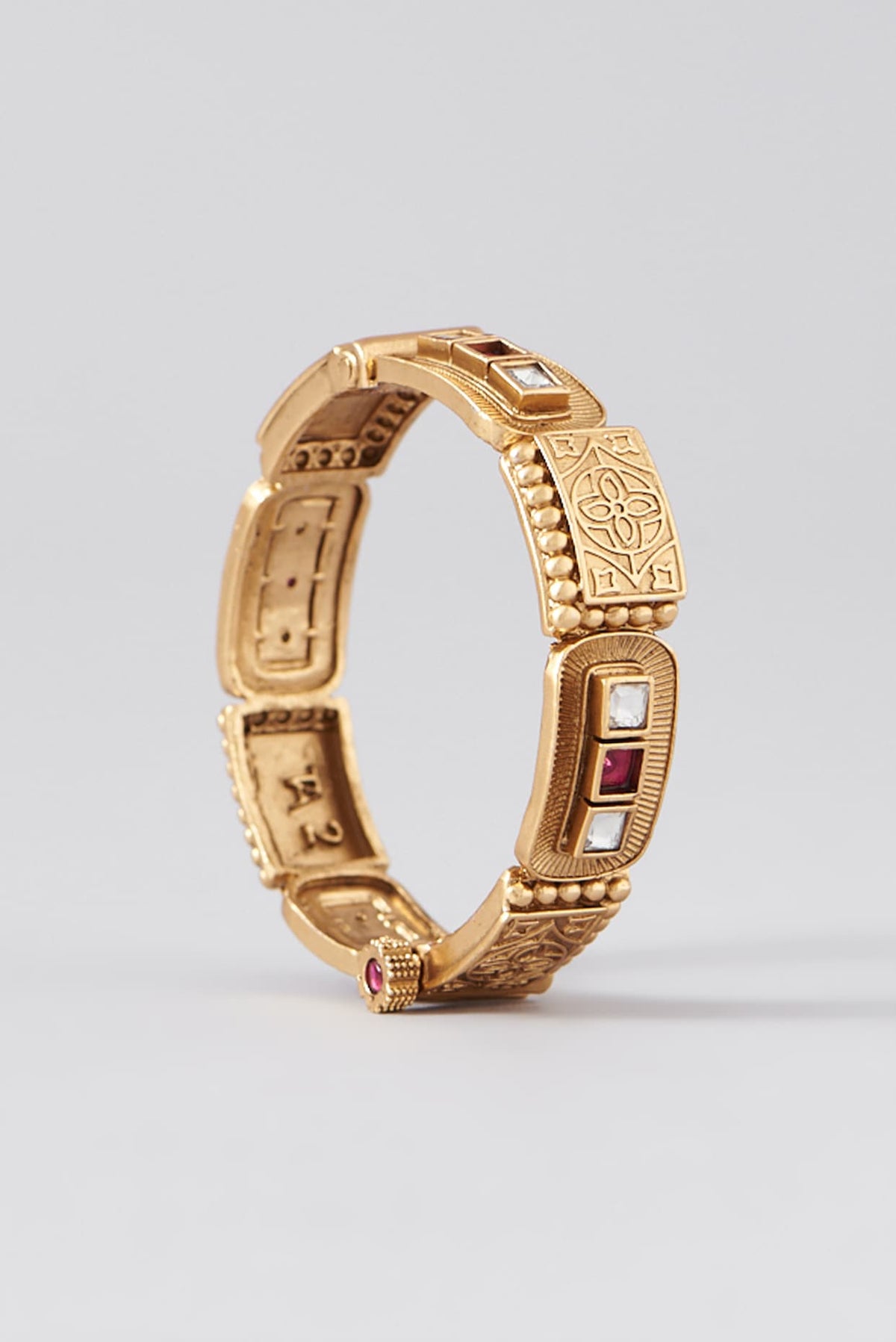 Gold Finish Kundan Polki & Red Stone Bangles (Set Of 2)