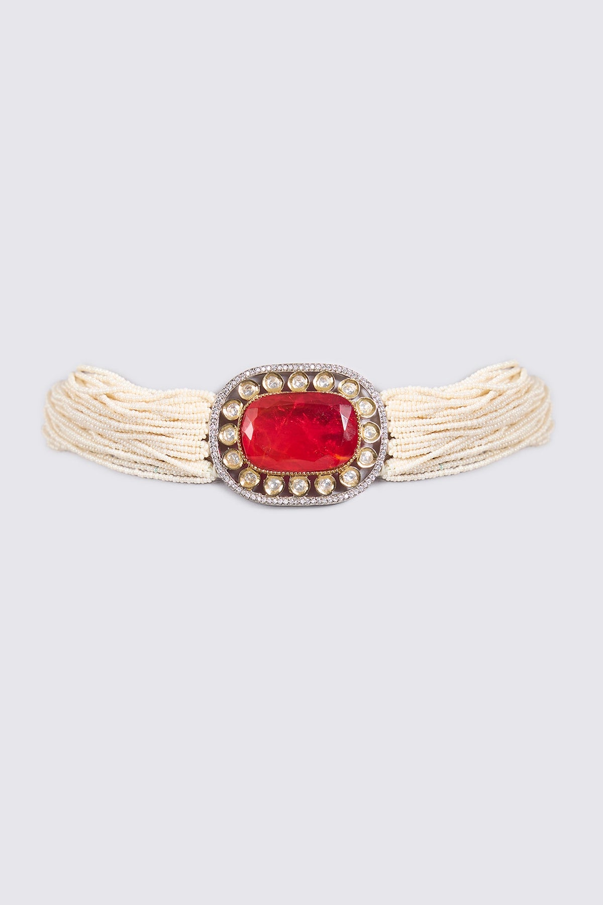 Gold Finish Kundan Polki & Ruby Choker Necklace Set