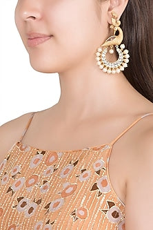 Gold Finish Faux Pearls & Kundan Polki Peacock Earrings