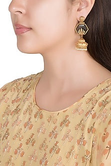 Gold Finish Faux Pearls & Grey Stone Earrings