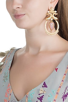 Gold Finish Kundan Polki & Pink Stone Enameled Earrings