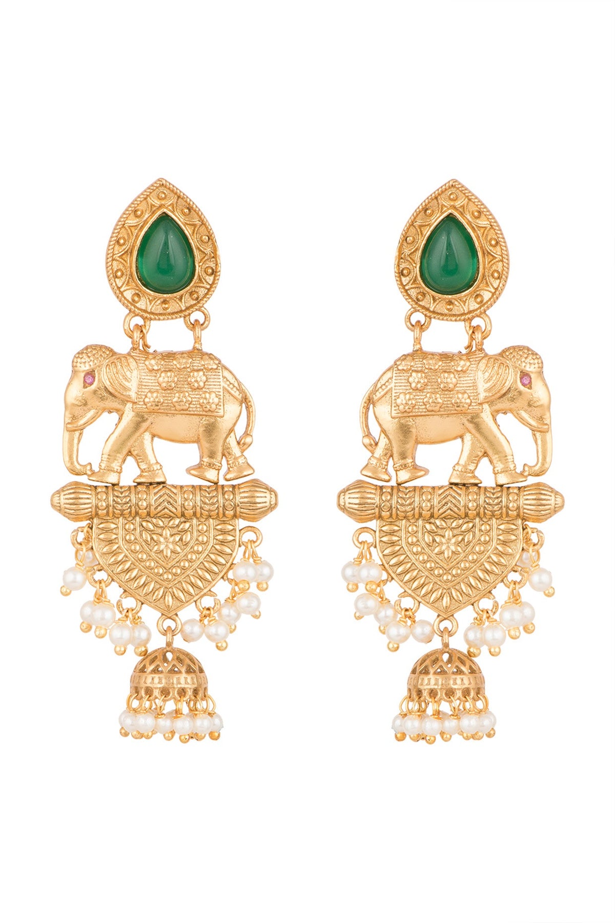 Gold Finish Faux Pearl & Green Stone Earrings