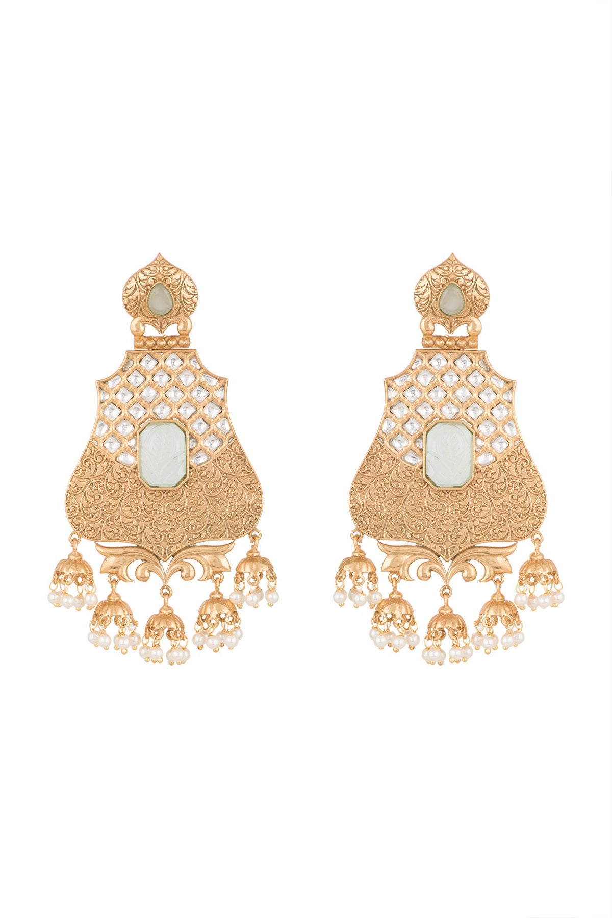 Gold Finish Kundan Polki & Light Blue Stone Earrings