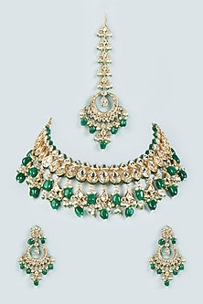 Gold Finish Kundan Polki & Green Beaded Choker Necklace Set