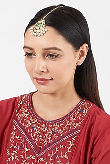 Gold Finish Kundan Polki & Pearl Drop Maang Tikka