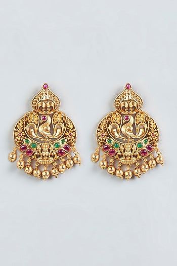 Gold Finish Red & Green Synthetic Stone Temple Motif Earrings