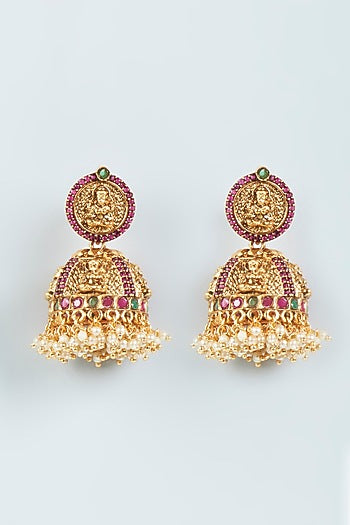 Gold Finish Red Stone & Pearl Temple Jhumka Earrings