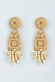 Gold Finish Pearl & Stone Temple Earrings
