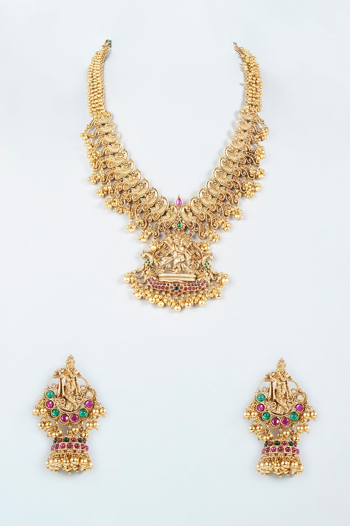 Gold Finish Green & Red Synthetic Stone Long Temple Necklace Set