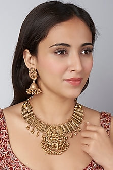 Gold Finish Synthetic Stone Temple Necklace Set