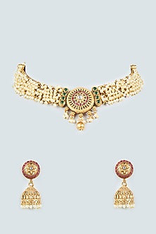 Gold Finish Synthetic Stone & Pearl Choker Necklace Set