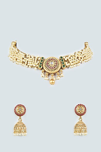 Gold Finish Synthetic Stone & Pearl Choker Necklace Set
