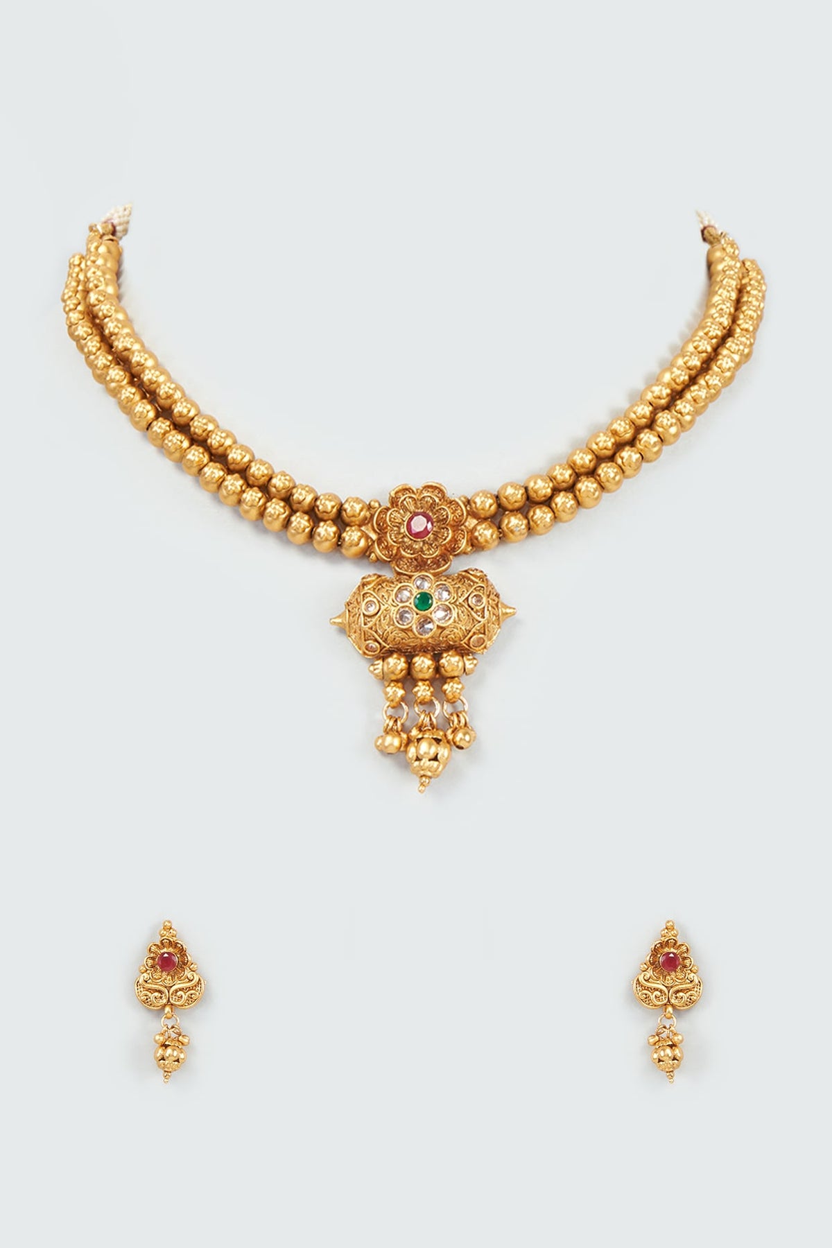 Gold Finish Kundan Polki Temple Choker Necklace Set