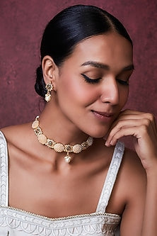 Gold Finish Kundan Polki & Pearl Choker Necklace Set