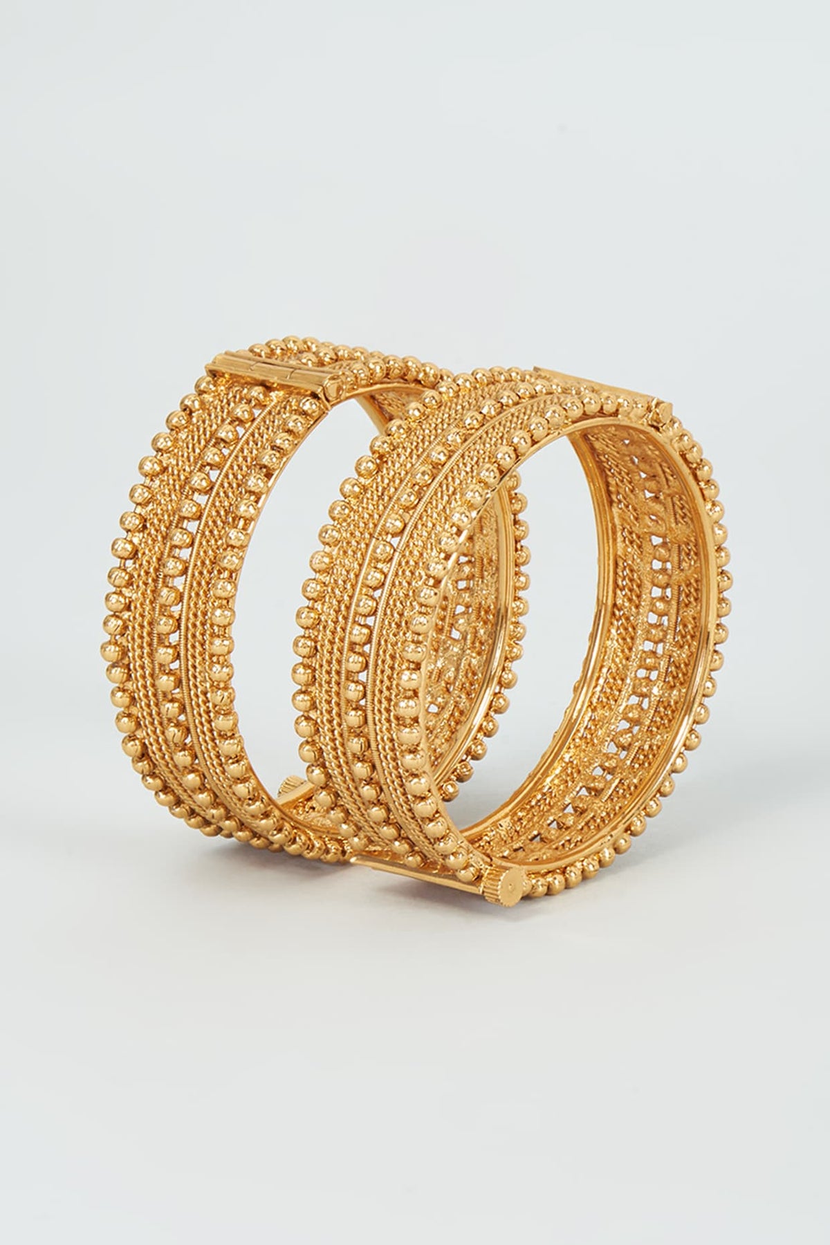 Gold Finish Kundan Polki Temple Bangles (Set Of 2)