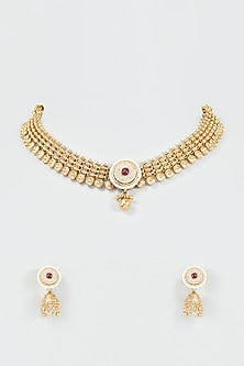 Gold Finish Kundan Polki & Synthetic Red Stone Temple Necklace Set