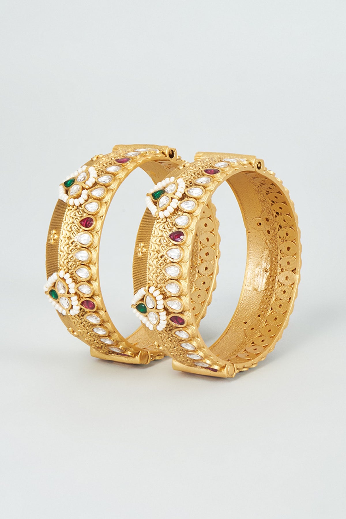 Gold Finish Kundan Polki & Pearl Bangles (Set of 2)