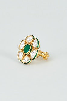 Gold Finish Kundan Polki & Green Stone Ring