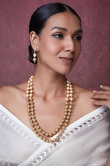 Gold Finish Pearl & Kundan Polki Temple Mala Set