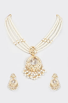 Gold Finish Kundan Polki & Pearl Long Necklace Set