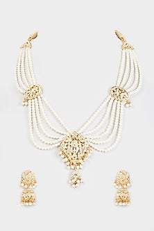 Gold Finish Kundan Polki & Pearl Long Necklace Set