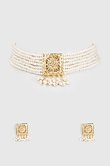 Gold Finish Kundan Polki & Pearl Choker Necklace Set