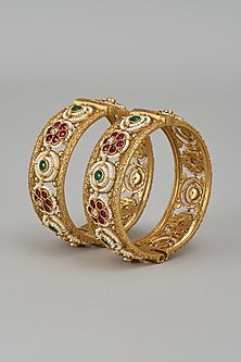 Gold Finish Kundan Polki & Multi-Colored Stone Temple Bangles (Set Of 2)