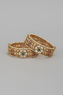 Gold Finish Kundan Polki & Multi-Colored Stone Temple Bangles (Set Of 2)