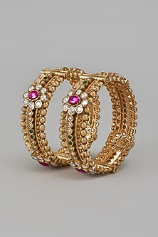 Gold Finish Kundan Polki & Red Stone Temple Bangles (Set Of 2)