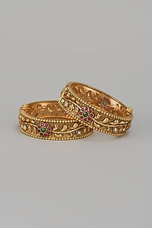 Gold Finish Kundan Polki & Multi-Colored Stone Temple Bangles (Set Of 2)